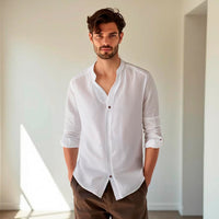 Thumbnail for Camisa de lino Manga Larga Beige cuello en  V