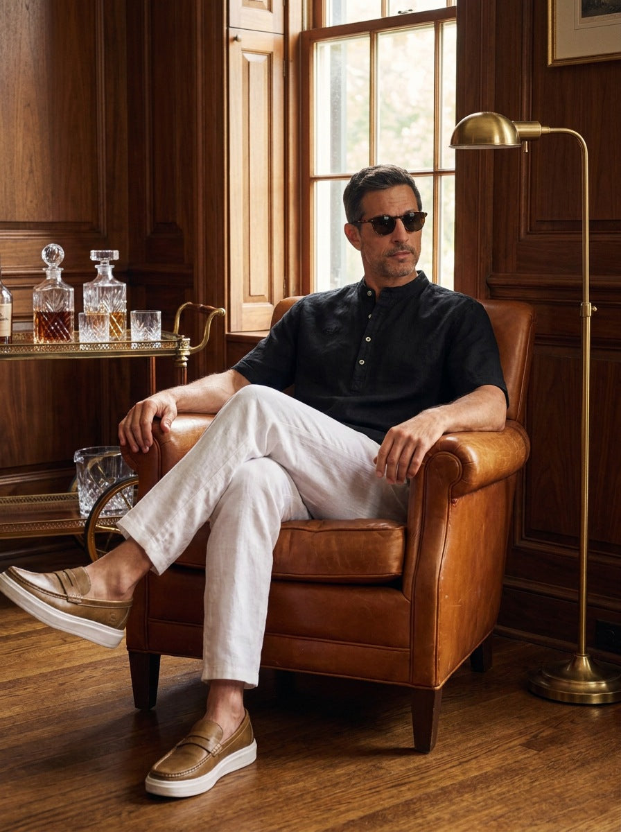 Camisa Hampstead Linen Grandad - negra sentado