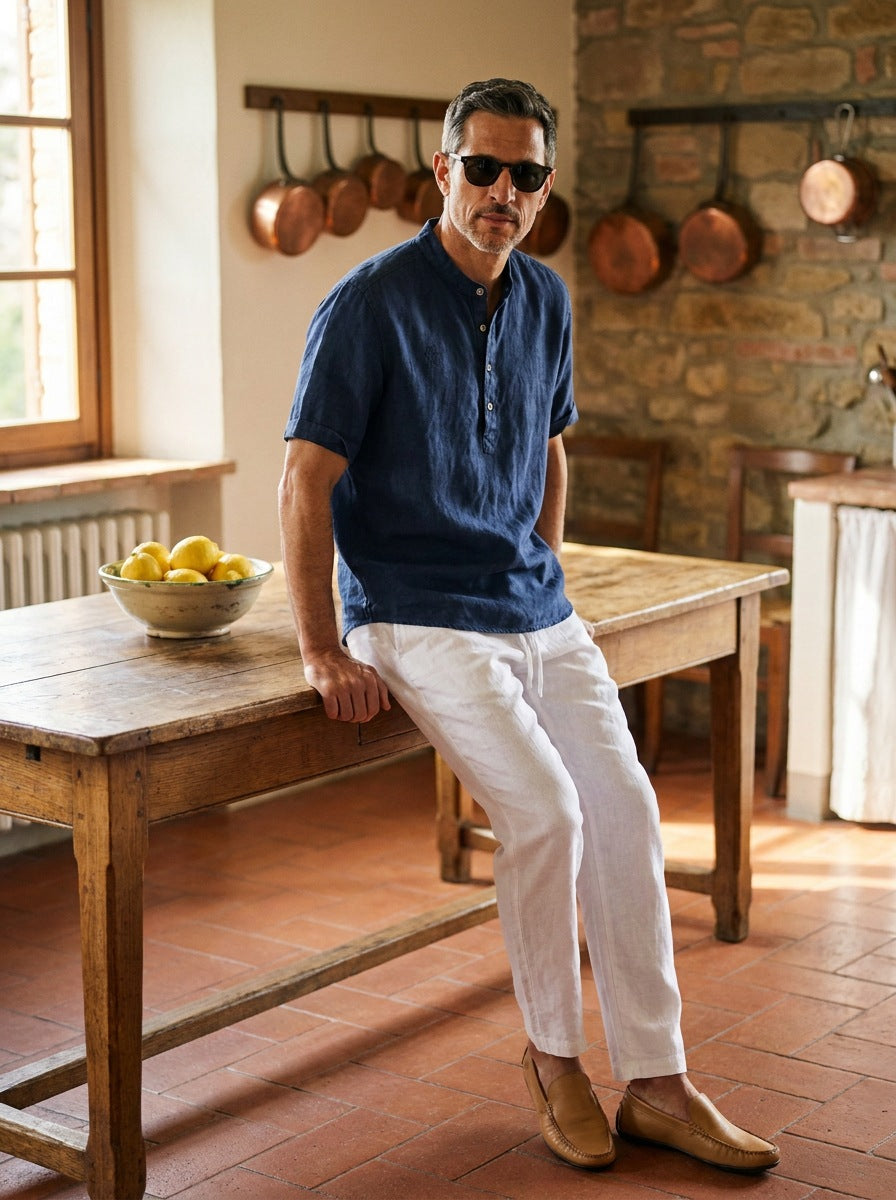 Camisa Hampstead Linen Grandad - azul apoyado