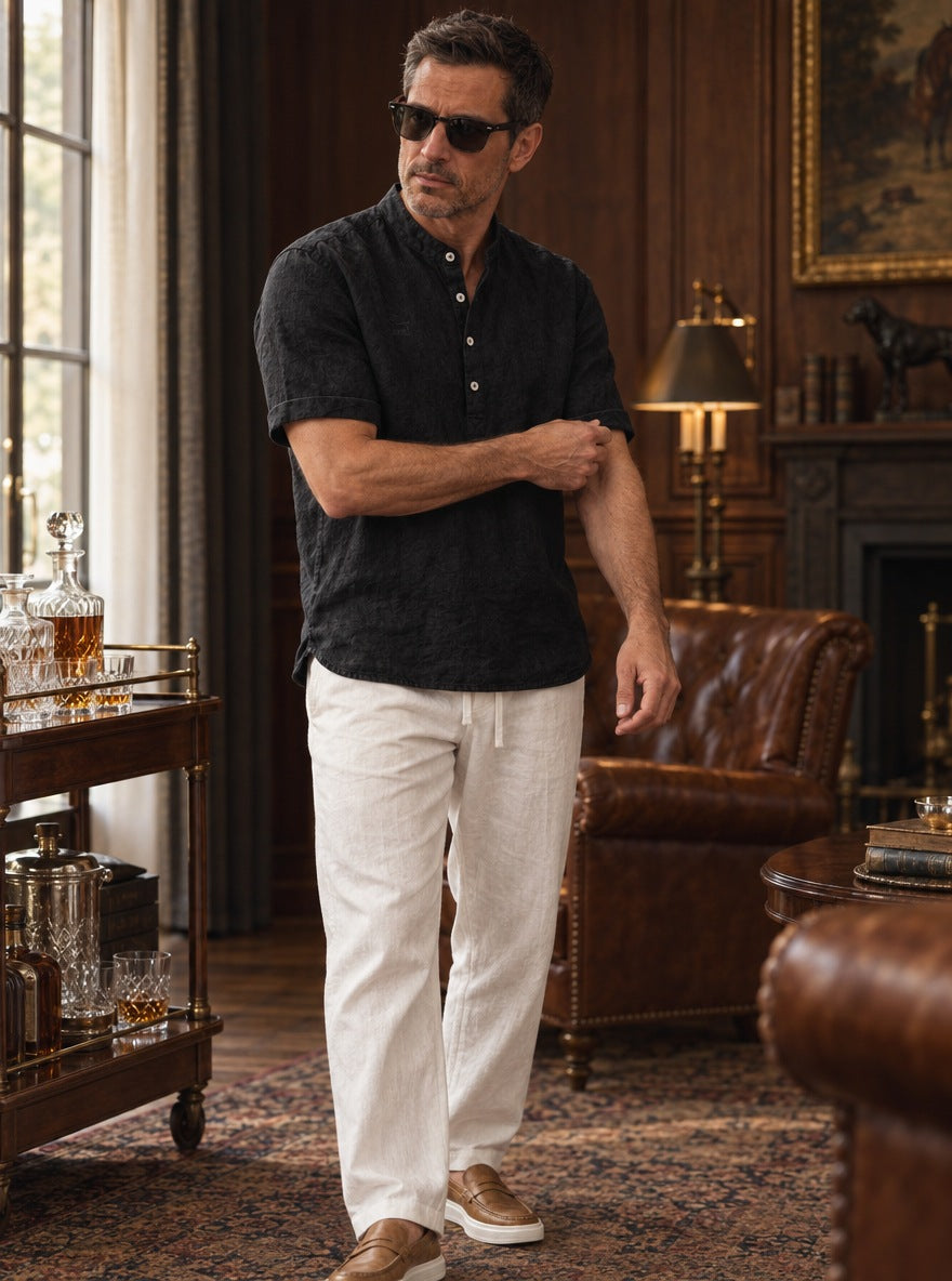 Camisa Hampstead Linen Grandad - negra detalle