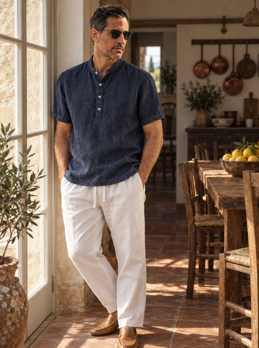 Camisa Hampstead Linen Grandad - azul detalle