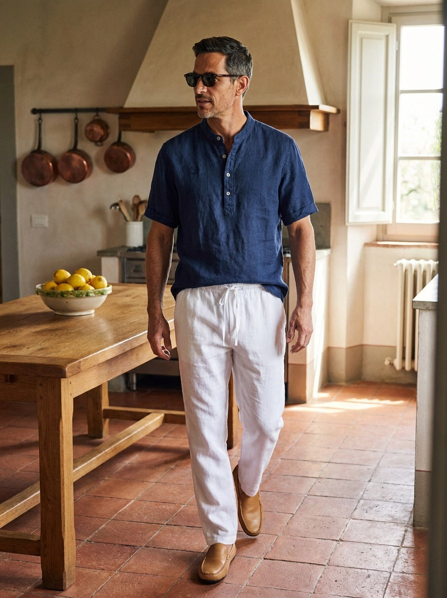 Camisa Hampstead Linen Grandad - azul caminando