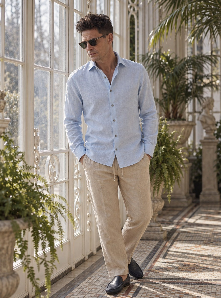 Camisa Notting Hill Linen - celeste detalle