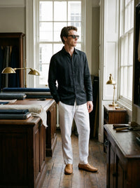 Thumbnail for Camisa Savile Row Black Linen - de pie