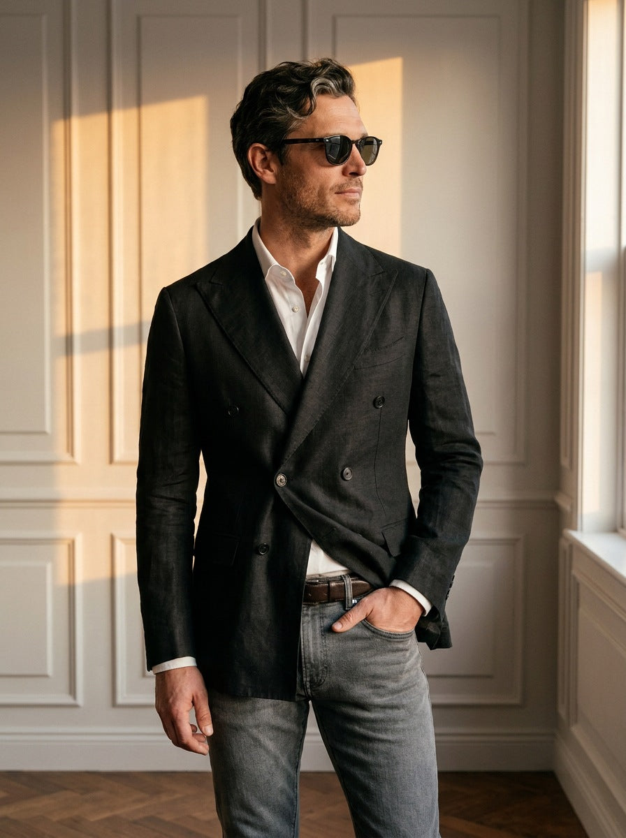 Blazer St James's Linen Double-Breasted — St James negro - plano medio atardecer.jpg