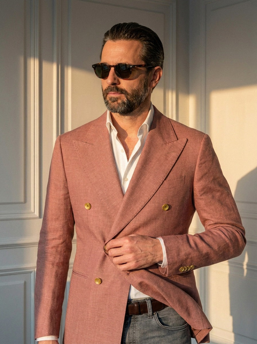 Blazer Bond Street Double-Breasted — Bond Street rosa - primer plano atardecer.jpg