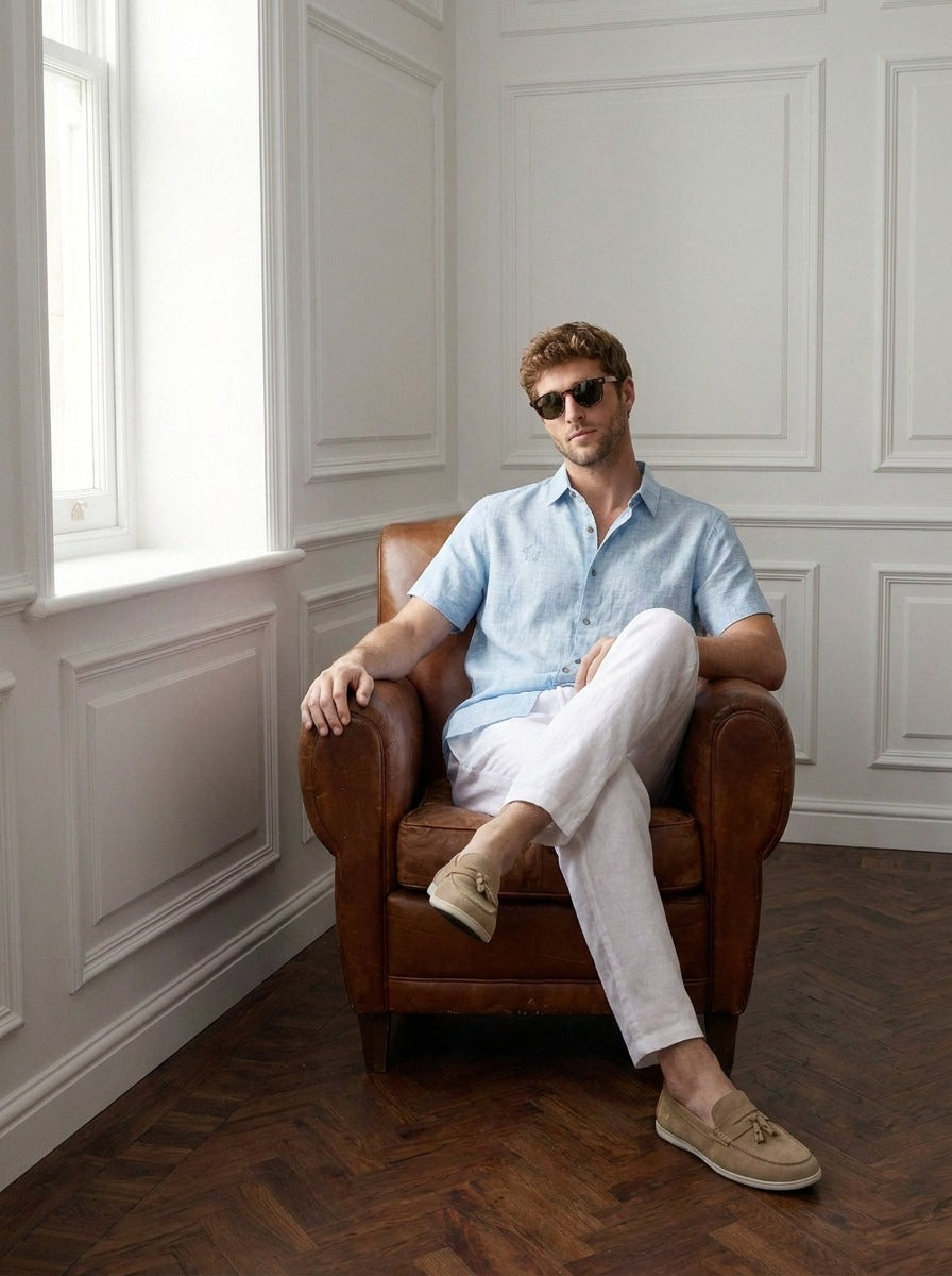 Camisa Westminster 100% de lino — Westminster celeste - Modelo H sentado.jpg
