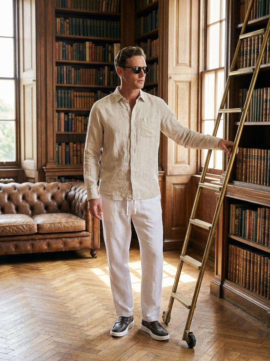 Camisa Beckenham de lino — Beckenham crema - Modelo P de pie.jpg
