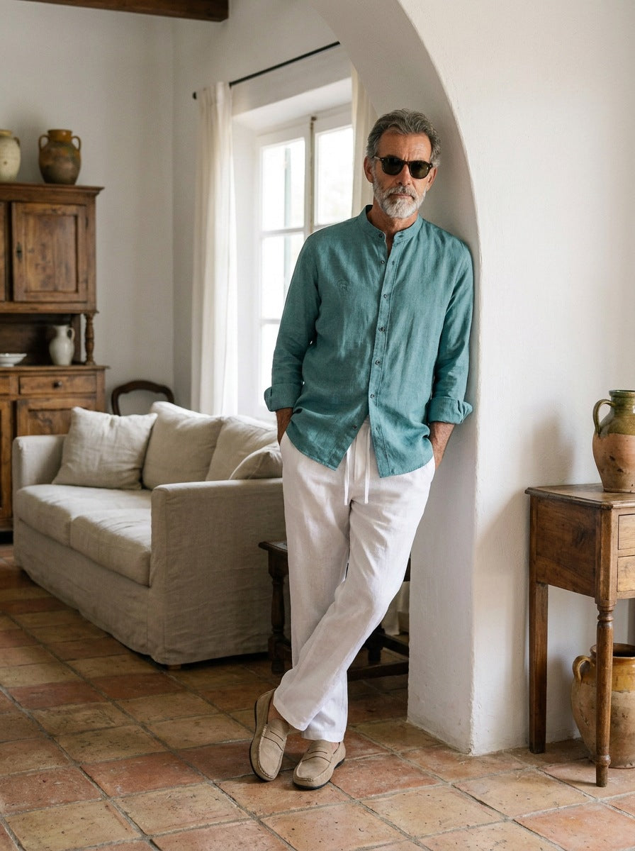 Camisa de Lino Camberwell — Camberwell celeste - Modelo S de pie.jpg
