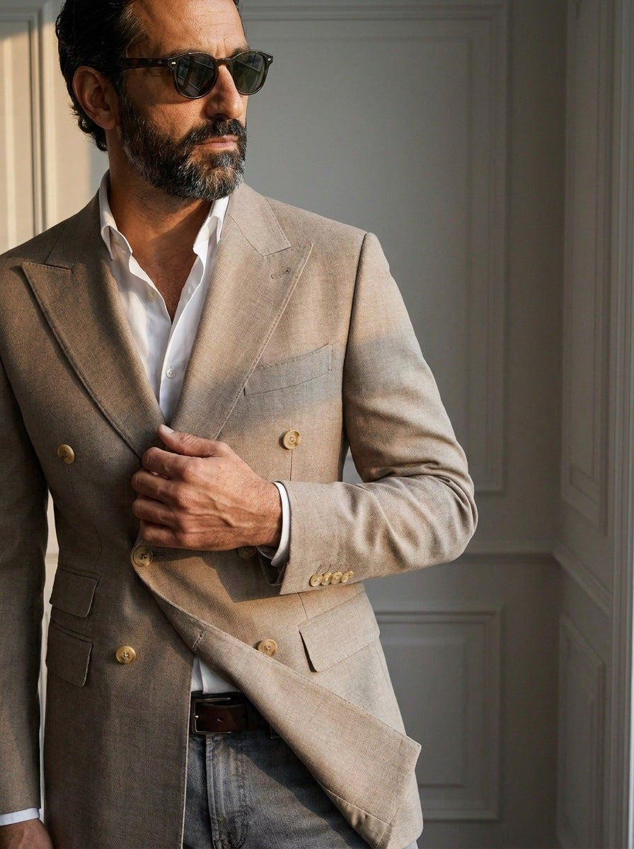 Blazer Sloane Double-Breasted — Sloane taupe - primer plano atardecer.jpg