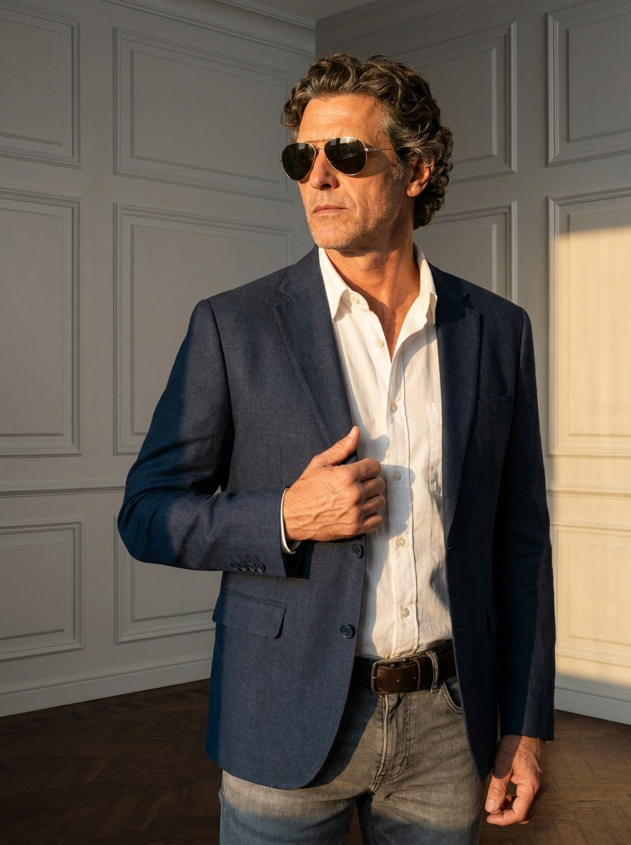 Blazer Berkeley Square Tailored — Berkeley Square azul - primer plano atardecer.jpg