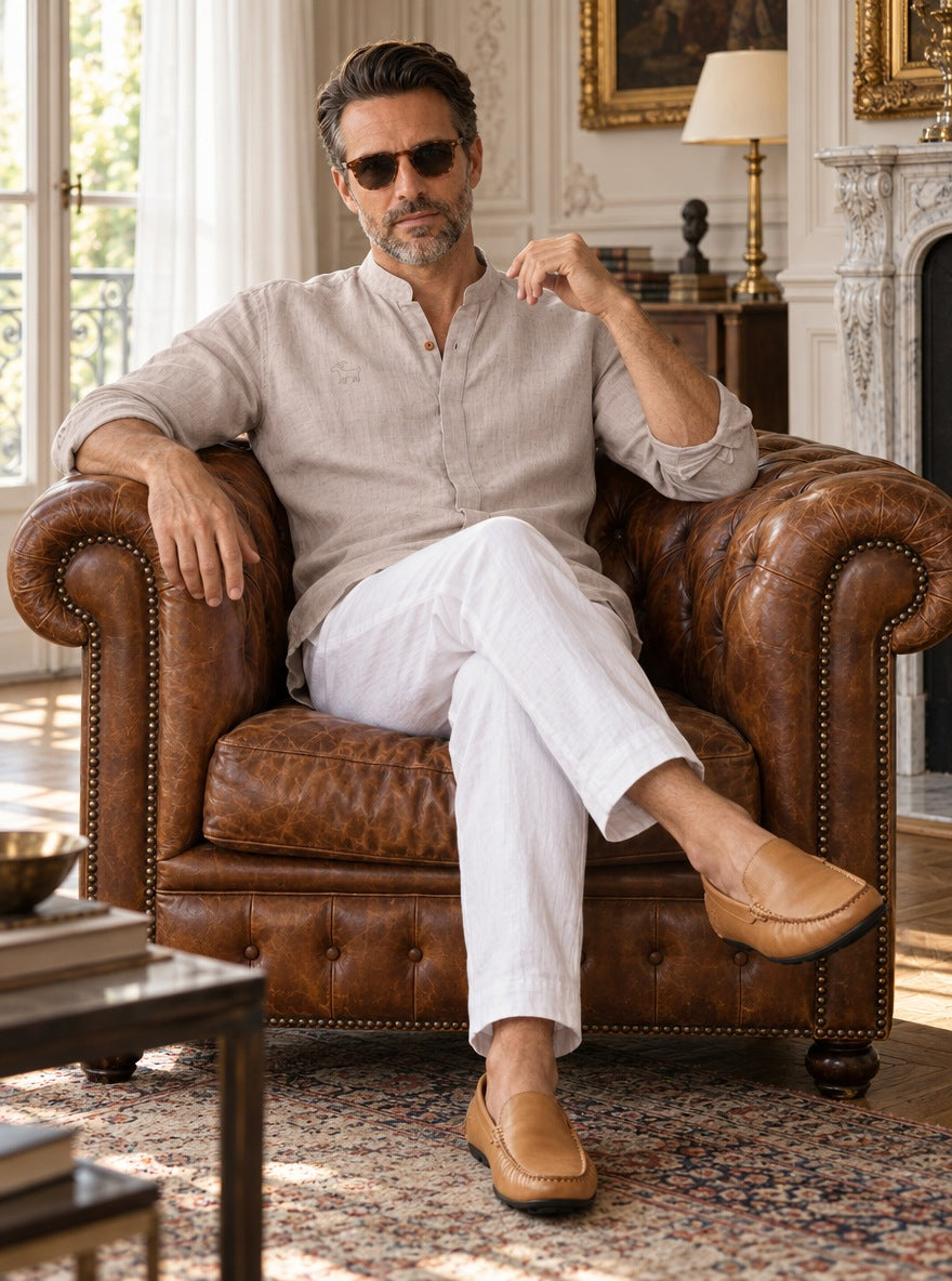 Camisa Bromley de lino — Bromley beige - Modelo B sentado.jpg