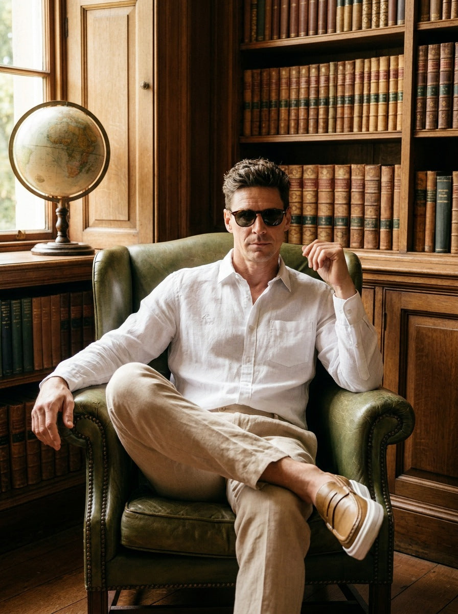 Camisa de lino — Camisa de lino blanca - Modelo U sentado.jpg