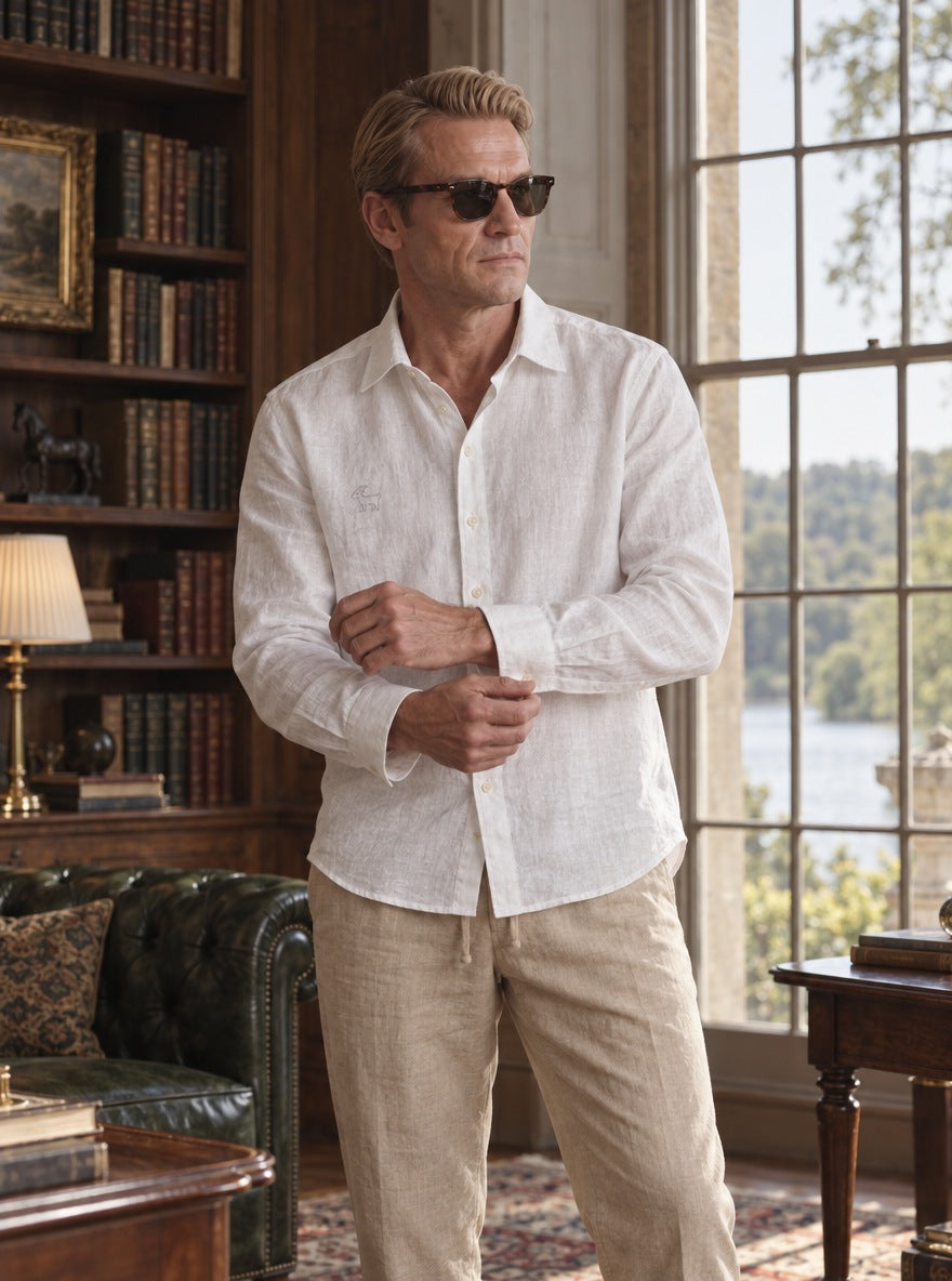 Camisa Richmond 100% de lino manga larga — Richmond ML blanca - Modelo Y detalle GPT.jpg