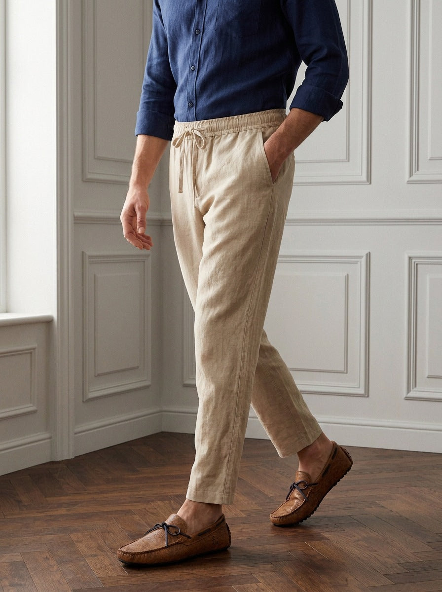 Pantalon de Bambula y lino — Pantalon lino kaki - modelo caminando.jpg
