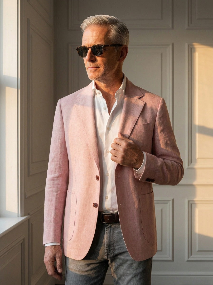 Blazer Cadogan Linen — Cadogan rosa - primer plano atardecer.jpg