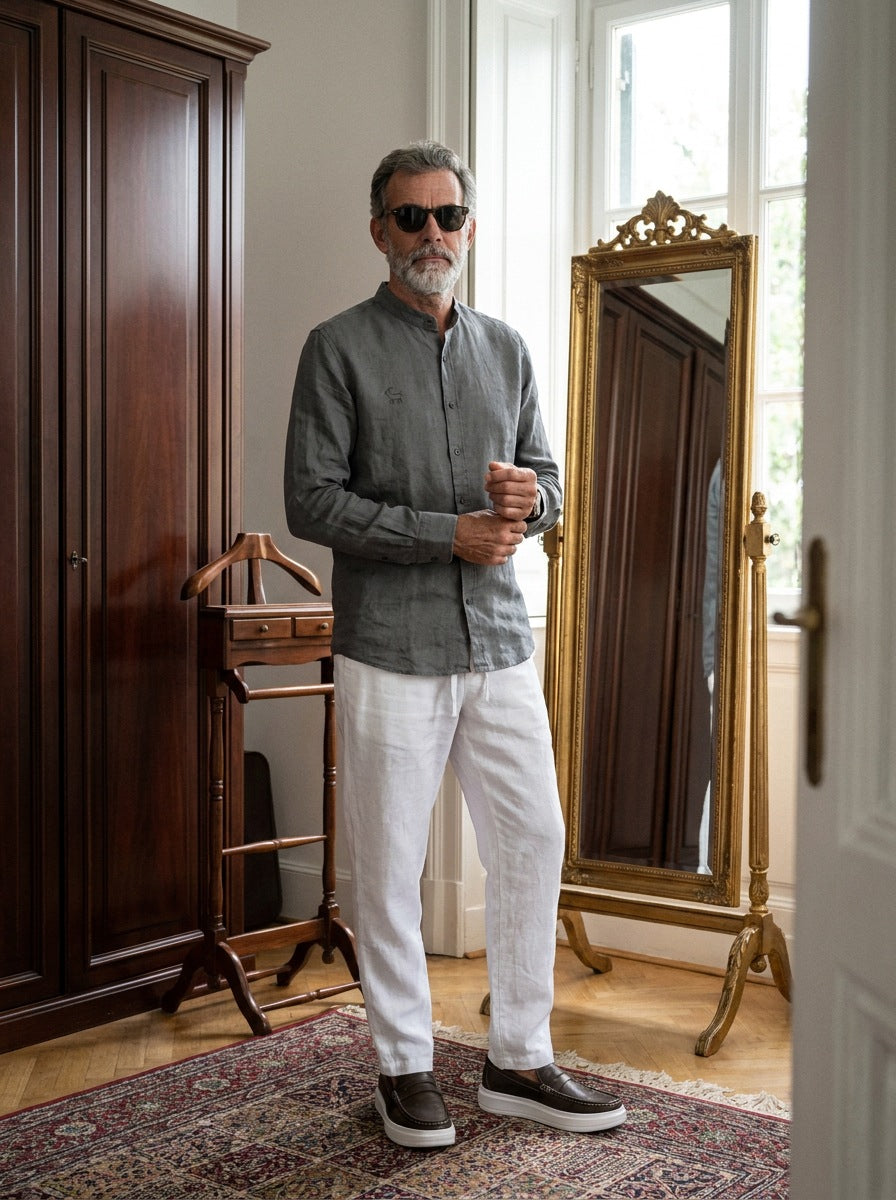 Camisa de Lino Camberwell — Camberwell gris - Modelo S de pie.jpg