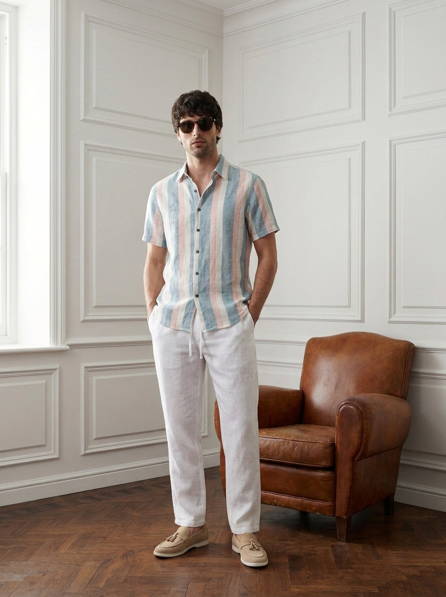 Camisa Marylebone 100% Lino — Marylebone celeste - Modelo G de pie.jpg