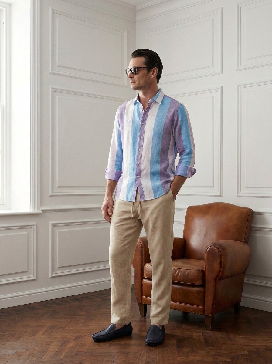 Camisa London Eye mang larga (100% lino) — London Eye ML celeste - Modelo I ventana.jpg