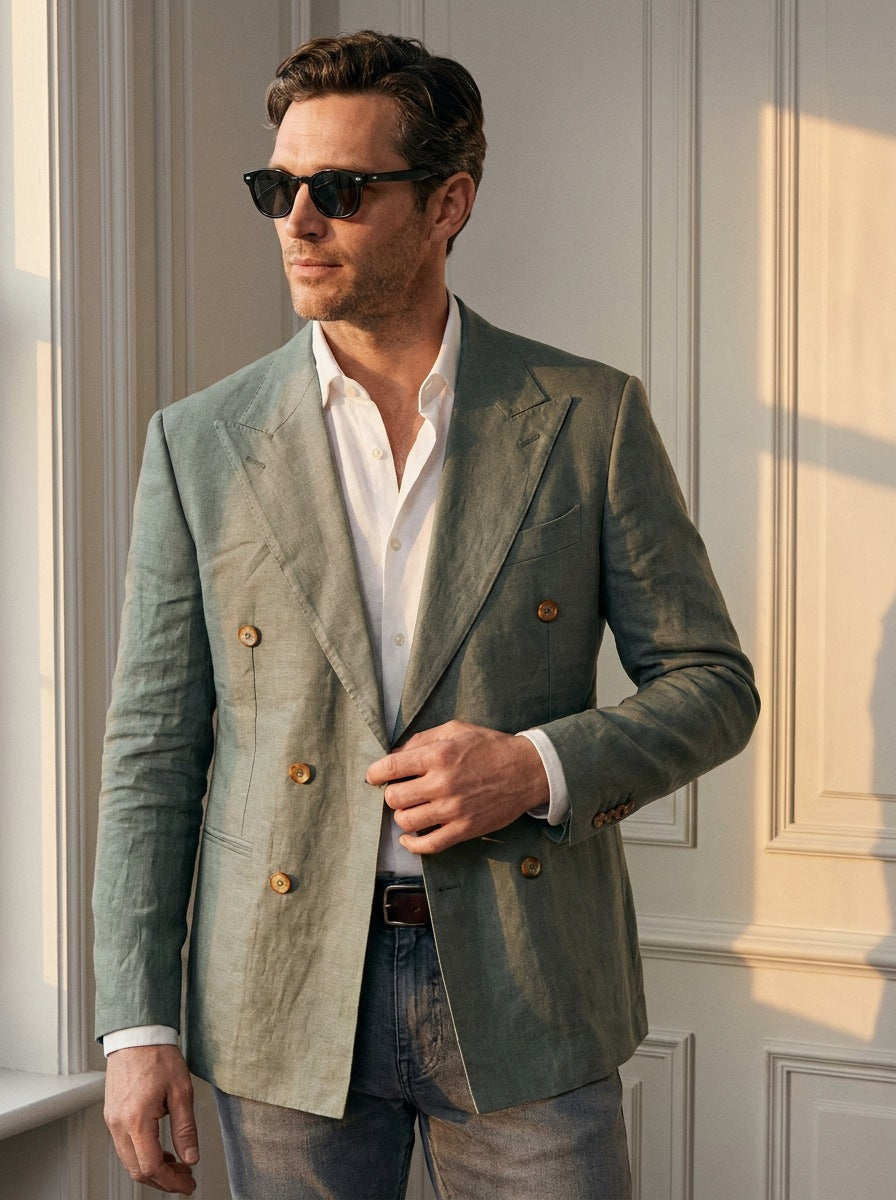 Blazer St James's Linen Double-Breasted — St James verde grisaceo - primer plano atardecer.jpg