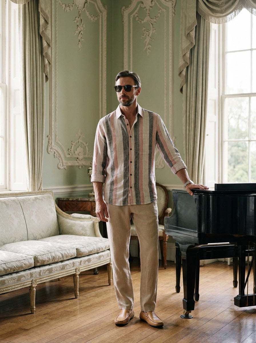 Camisa Croydon 100% lino — Croydon rosa - Modelo Q de pie.jpg