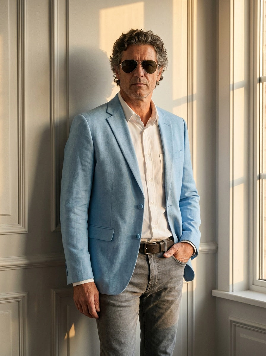 Blazer Berkeley Square Tailored — Berkeley Square celeste - plano medio atardecer.jpg