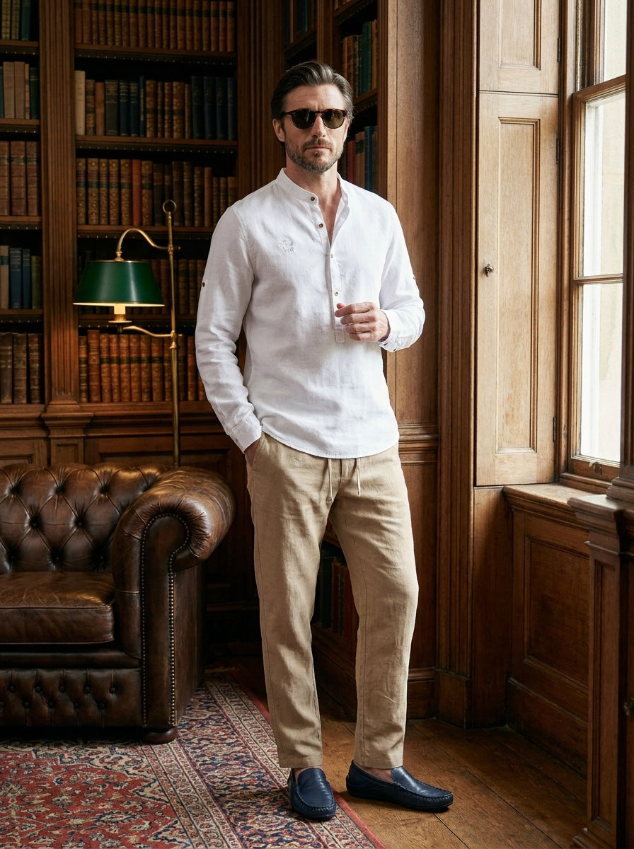 Camisa de lino Manga Larga cuello mao — Manga Larga mao blanca - Modelo L de pie.jpg