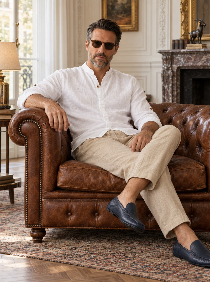 Camisa Bromley de lino — Bromley blanca - Modelo B sentado.jpg