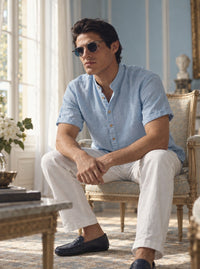 Thumbnail for Camisa de lino Manga corta Azul Marino — Manga corta Azul Marino celeste - Modelo V detalle GPT.jpg