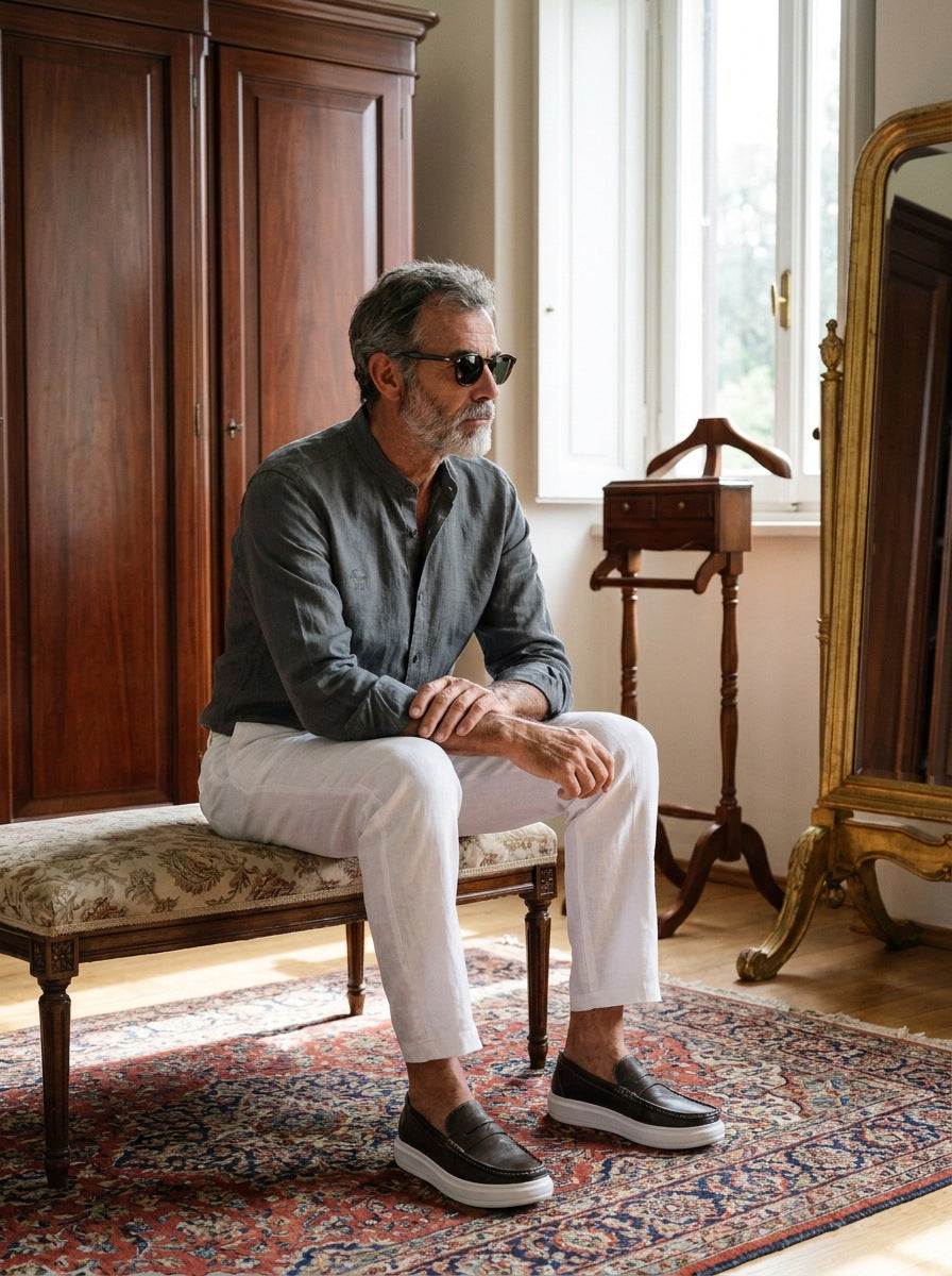 Camisa de Lino Camberwell — Camberwell gris - Modelo S sentado.jpg